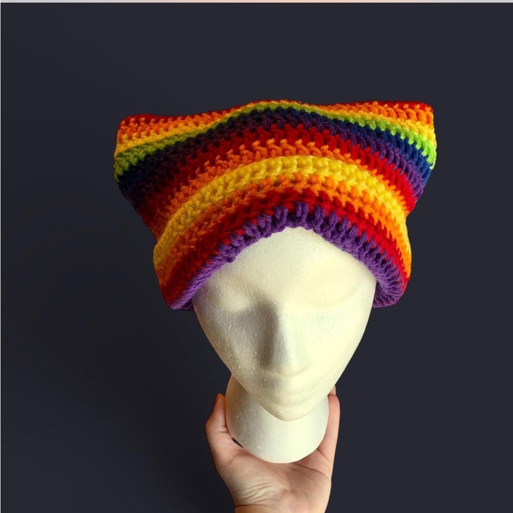 crochet rainbow striped cat ear beanie